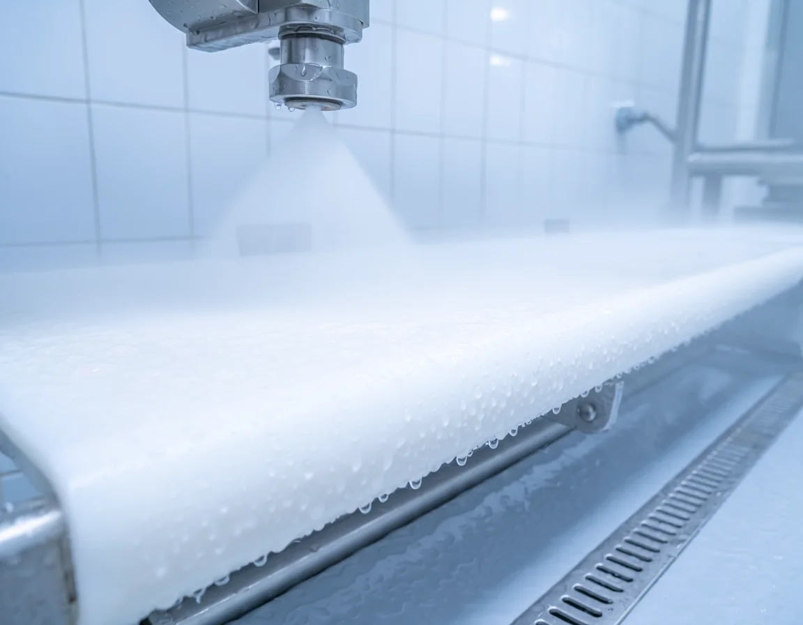 Detalhe de correia sanitária em aço inox para abatedouro com sistema CIP