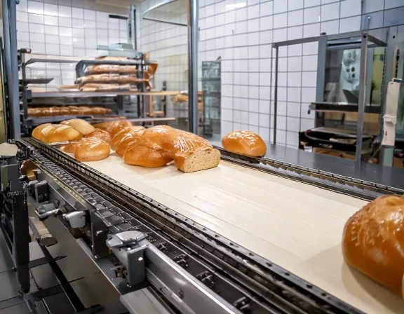 Detalhe de correia PVC alimentar transportando produtos de panificação
