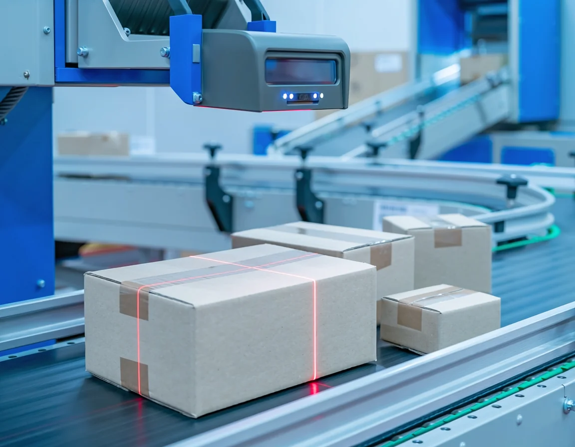 Detalhe de caixas em sorting automatizado com scanner de código de barras