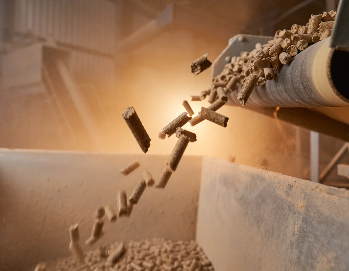 Detalhe de pellets de ração caindo de correia industrial