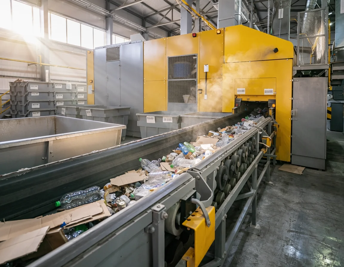 Esteira de triagem e prensagem de materiais recicláveis com máquina industrial amarela